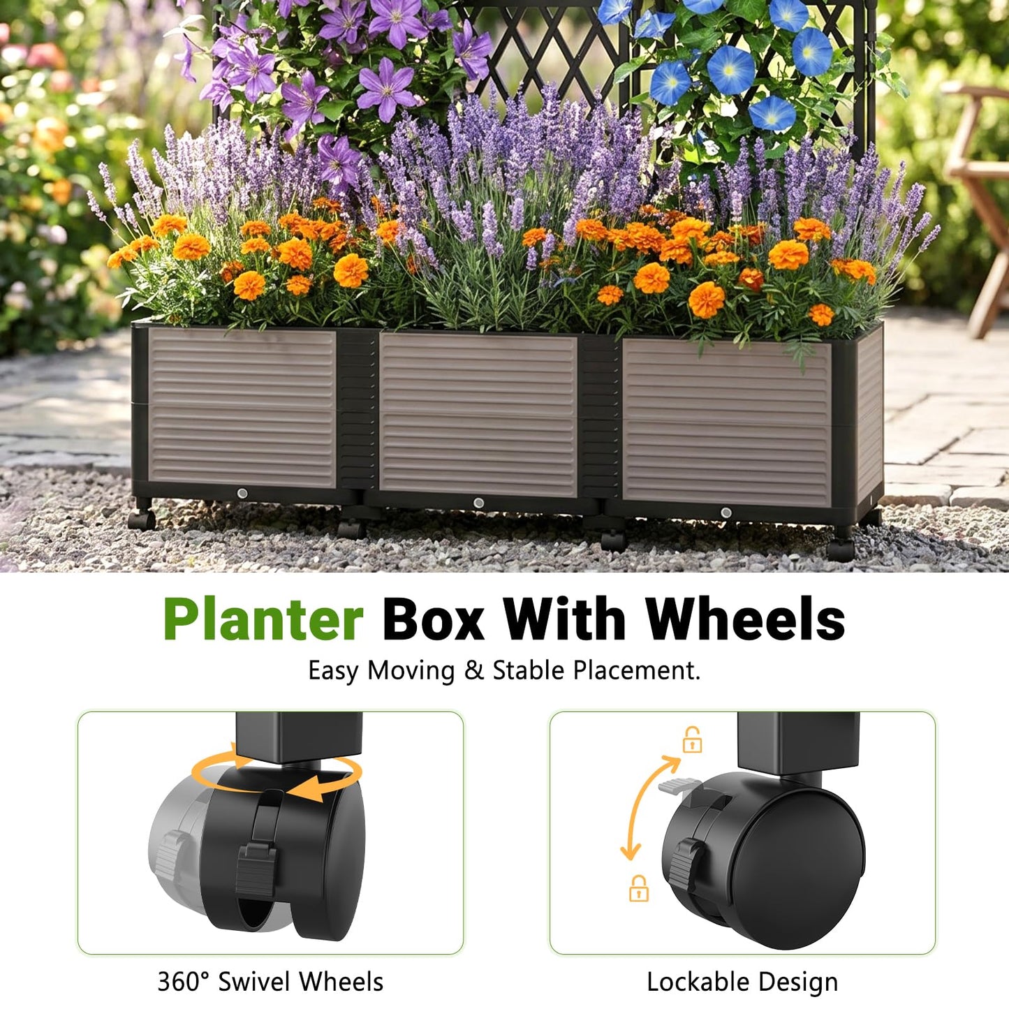 DoCred 63" H Raised Garden Bed Planter Box with Trellis, Floorstanding Vertical Horticulture Planter Box Tomato Cage with Wheels for Vine Climbing Plants, Flowers, Herbs