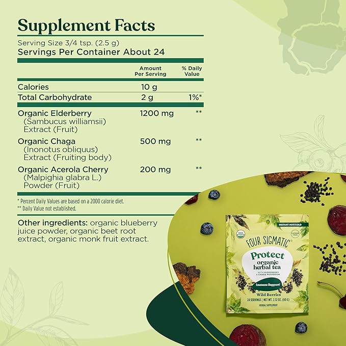 Four Sigmatic Protect Organic Herbal Tea | Immunity Tea w/Chaga & Adaptogens | Organic Chaga Tea w/Antioxidant-Rich Cherry, Elderberry & Blueberry | Vegan, Gluten-Free | Wild Berries, 24 Servings