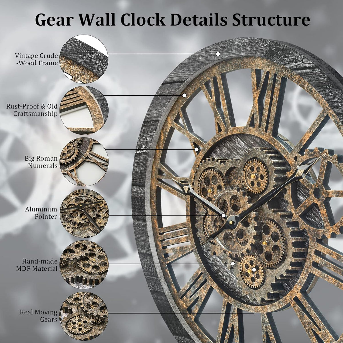 HOIBAI Wall Clock, 24 Inch Moving Gears Clock Large Wall Clock for Living Room Decor Rustic Vintage Industrial Steampunk Farmhouse Big Clock for Home Kitchen Bedroom Office