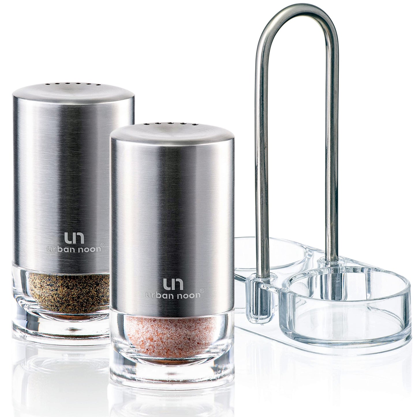 Salt and Pepper Shakers with Holder - Elegant Stainless Steel Salt Shaker and Pepper Shaker Set with Acrylic Holder for Kitchen Counter or Restaurant Table
