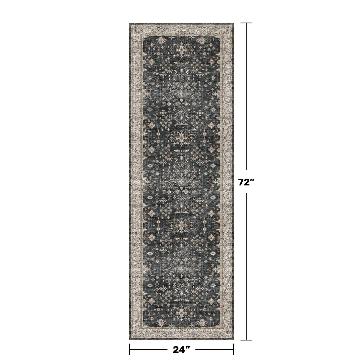 Black Boho Washable 2x6 Runner Rugs for Hallway Kitchen Bedroom Beside Laundry Room Bathroom Rug, Pet & Kids Friendly, Non Slip Low Pile Stain Resistant Soft Foldable Long 24 x 72 Floor Carpet
