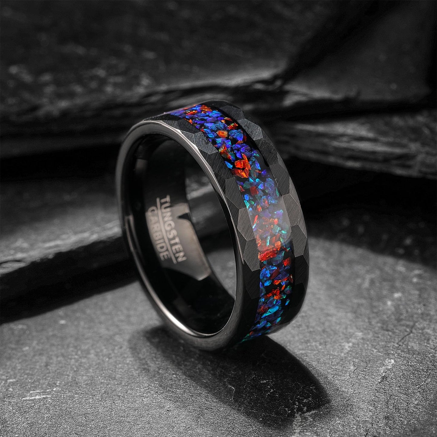 NUNCAD 8mm Promise Ring for Him Tungsten Galaxy Opal Inlaid Men Wedding Band Black Ring Hammered finish Comfort Fit Sizes 8
