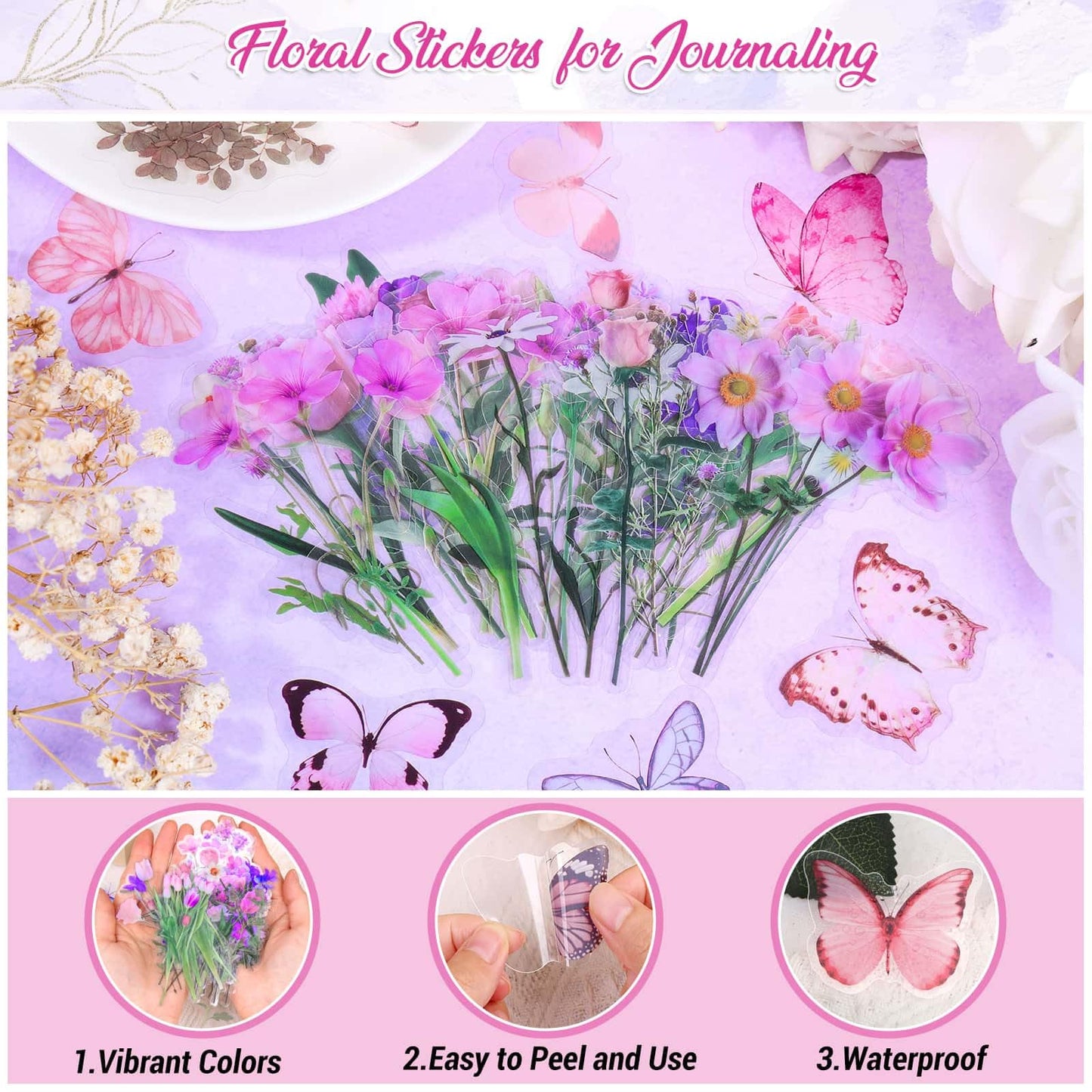 401Pcs Transparent Flower and Butterfly Stickers, Clear Floral Scrapbook Stickers Supplies for Journal Planner Notebook Resin Card Making Laptop Cell Phone Decorating