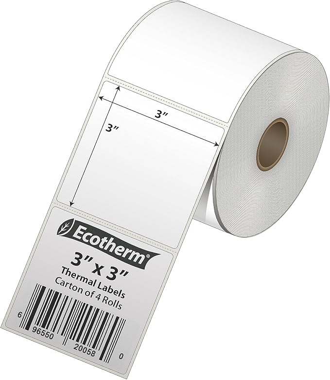 3" x 3" Thermal Labels | 4 Rolls | 2100 Labels | fits Zebra, Munbyn, Rollo, Godex, Arkscan, iDPRT, Offnova Thermal Label Printers and More | Blank White Adhesive Stickers by Ecotherm