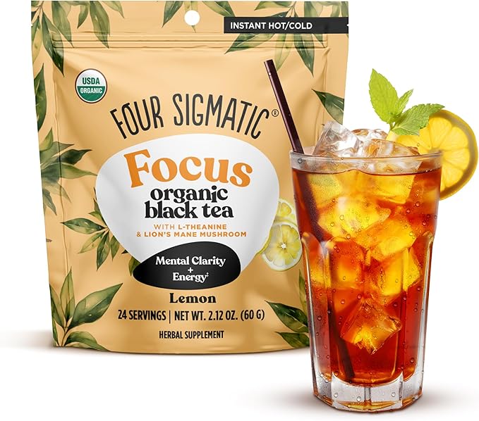 Four Sigmatic Think Organic Black Tea | Instant Lemon Tea w/Lion's Mane & L-Theanine for Mental Clarity & Focus | Organic Herbal Teas w/Adaptogens | Vegan, Gluten-Free | Lemon, 24 Servings
