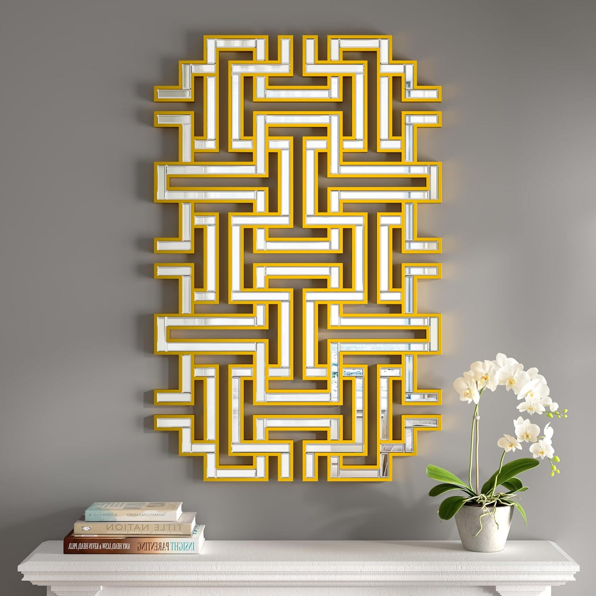 KOHROS Large Modern Gold Wall Mirror - 46.5"x30" Geometric Maze Design Decorative Mirror for Home Decor Living Room Entryway Hallway Farmhouse, Mirrors for Wall Decor