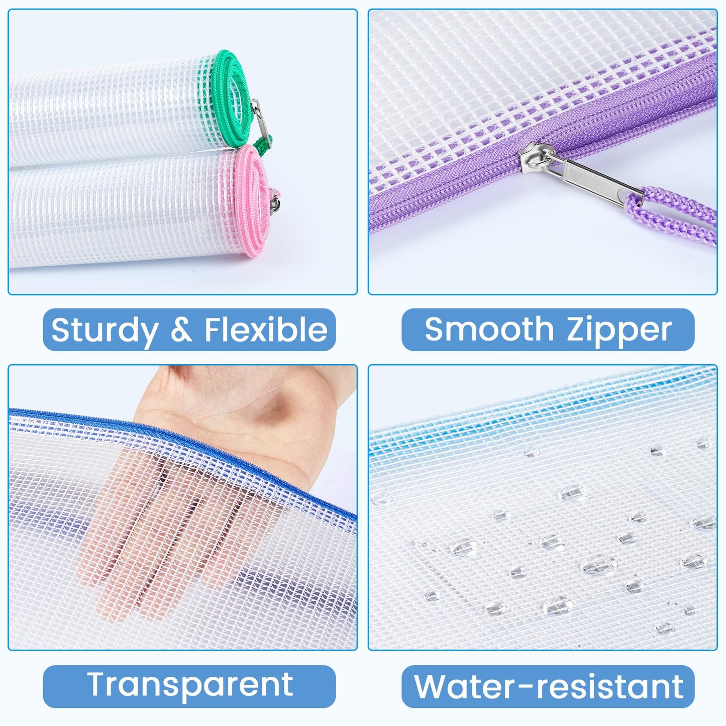 Sooez 20 Pack Mesh Zipper Pouch Bags, A4 Letter Size, Zipper Bags with Label Pocket, Waterproof Pouches for Classroom Organizer, Board Game Toy Storage, Document Bag for Teacher School Office Supplies
