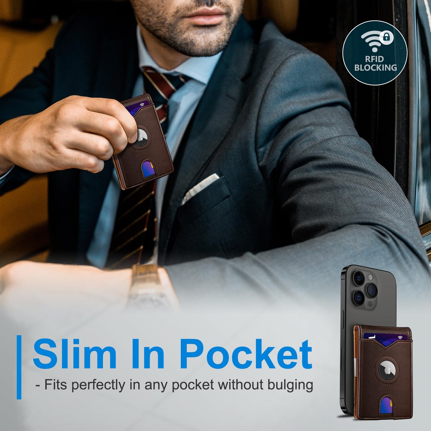 miyozi Airtag Wallet for Men,with Money Clip 11 Cards Slim Front Pocket Leather RFID Blocking Wallet with Gift Box
