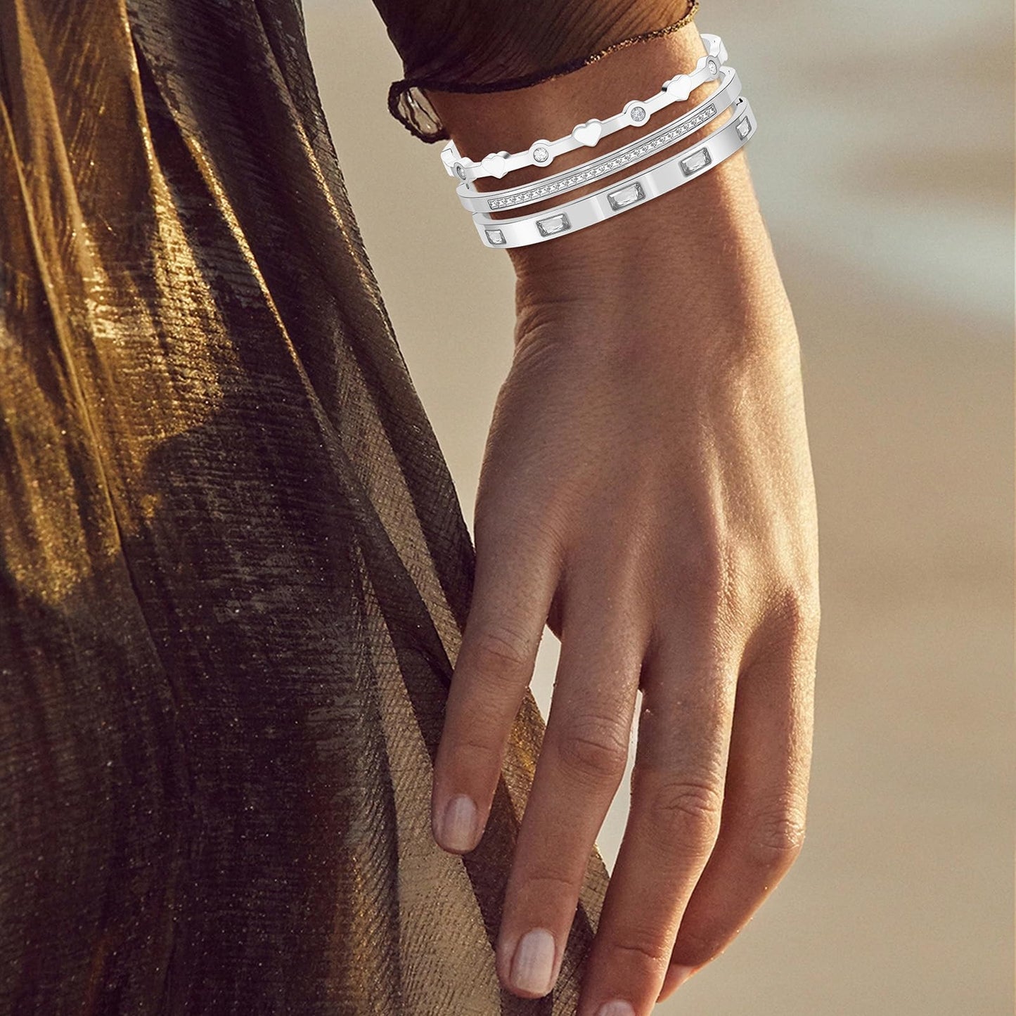 Camhanno 5-Piece Stackable Silver Bangle Bracelet Set for Women - Stainless Steel with Pink Crystal Friendship & Love Heart Bracelet Jewelry Gift for Her (Silver+White)