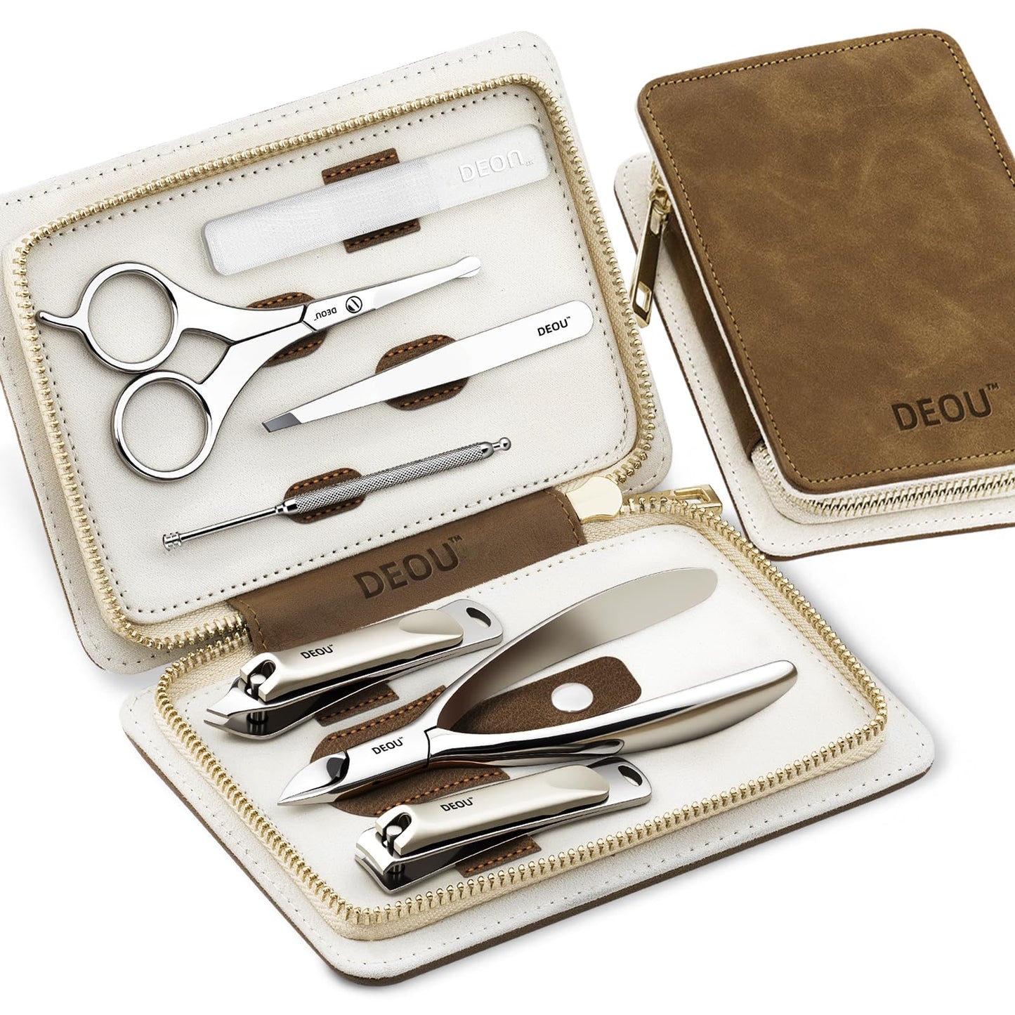 DEOU Premium Manicure Set 8 in 1, 420J2 Stainless Steel Pedicure Kit with Luxury Leather Case, Professional Grooming Tools for Travel & Home, (Brown)