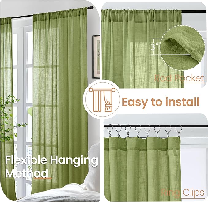 BGment Olive Green Linen Curtains for Living Room 84 Inch Length- Light Filtering Window Drapes Rod Pocket Natural Textured for Bedroom Lightweight Rustic Spring Decor, 2 Panels Set, 52 X 84 Inch