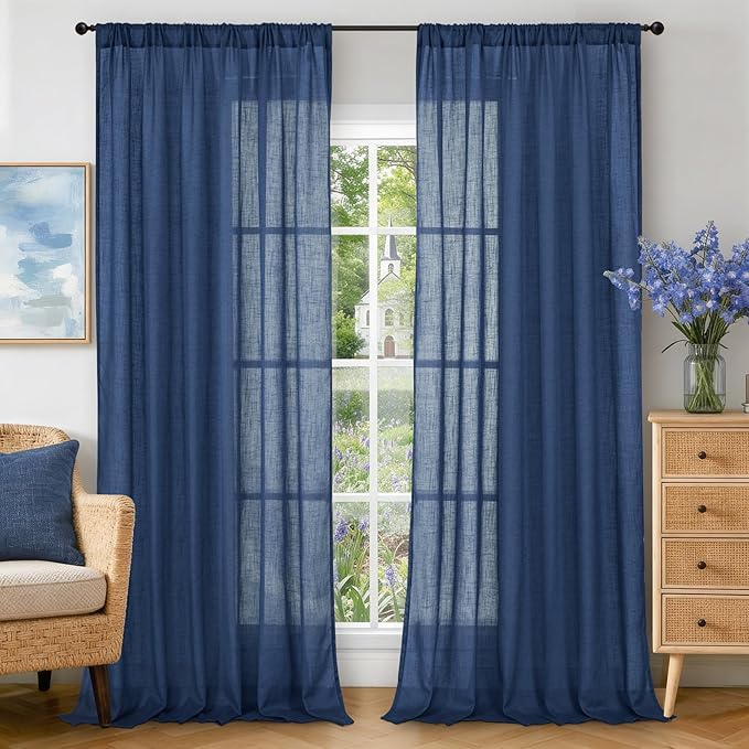 BGment 102 Inch Length Navy Blue Linen Curtains for Living Room, Semi Sheer Window Drapes Extra Long Light Filtering for Bedroom with Rod Pocket Lightweight, 2 Panels Set, Each 52 Inch Wide
