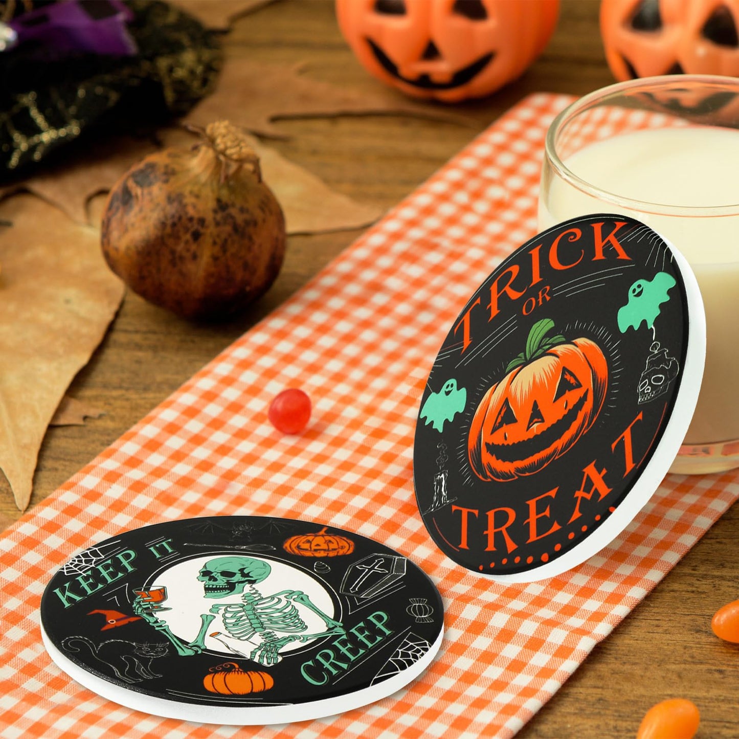 JarThenaAMCS 4Pcs Halloween Coaster with Holder Pumpkin Ghost Black Cat Skeleton Anti Slip Drink Coasters Black Orange Green Absorbent Ceramic Coasters for Home Decor Table Protection