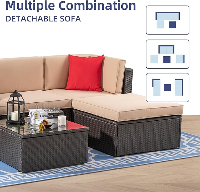 Vongrasig 5 Piece Patio Furniture Sets, All-Weather PE Rattan Wicker Outdoor Sectional Couch, Small Patio Conversation Set with Glass Table for Garden Pool, Beige