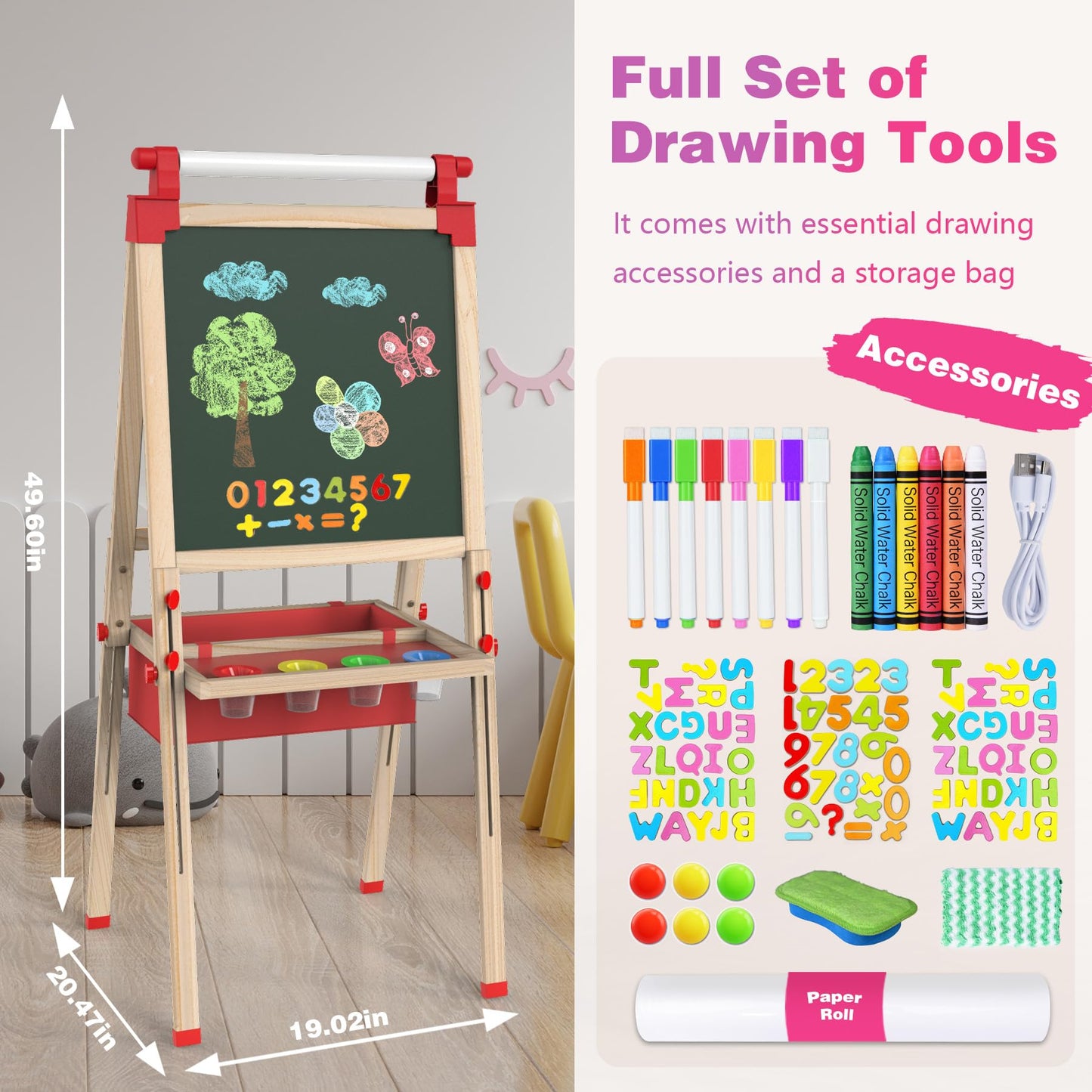 JOYOOSS LED Easel for Kids Ages 4-8 Easels for Toddlers Art Kids Easel Ages 8-12 Light Up Wooden Drawing Easels Magnetic Black Board with Paper Roll for Kid LED Dry Erase Board