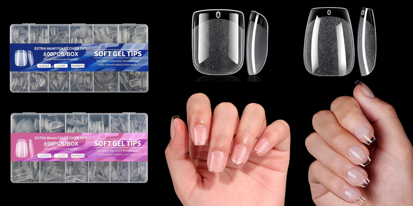 1200Pcs Extra Short Soft Gel Nail Tips 2 Styles Kit - Square & Coffin Clear Press On False Nails for Extension Manicure Home Salon DIY, 12 Sizes, BlueZOO