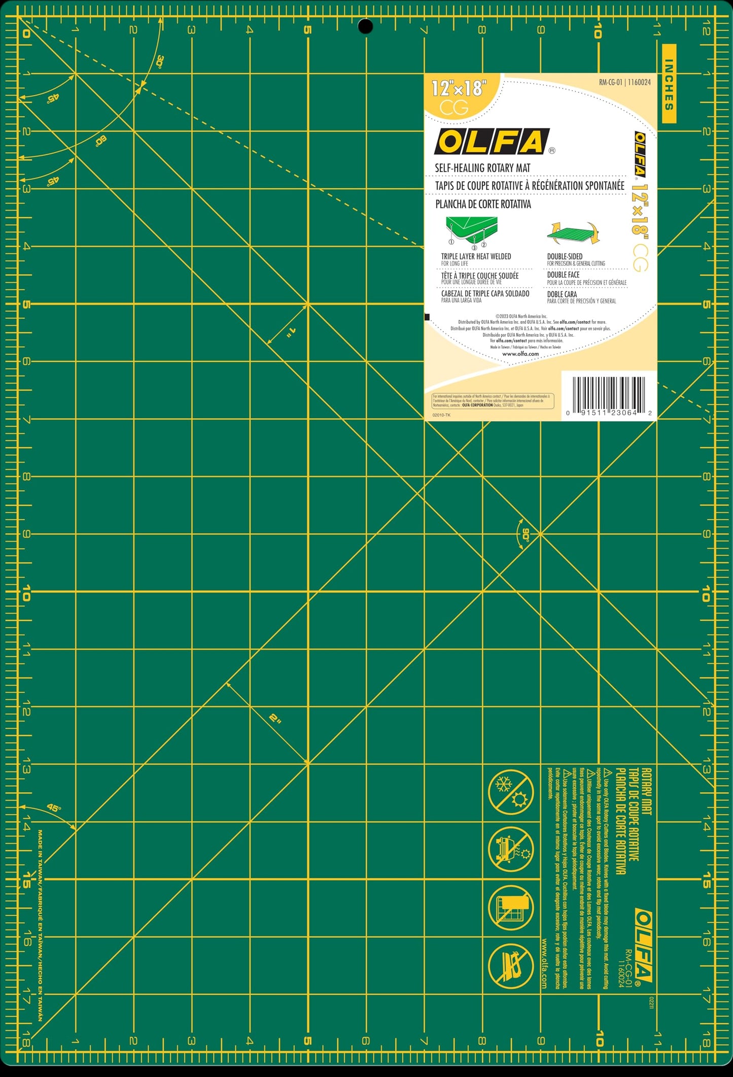 OLFA 12" x 18" Self Healing Rotary Cutting Mat (RM-CG) - Double Sided 12x18 Inch Cutting Mat with Grid for Quilting, Sewing, Fabric, & Crafts, Designed for Use with Rotary Cutters (Green)