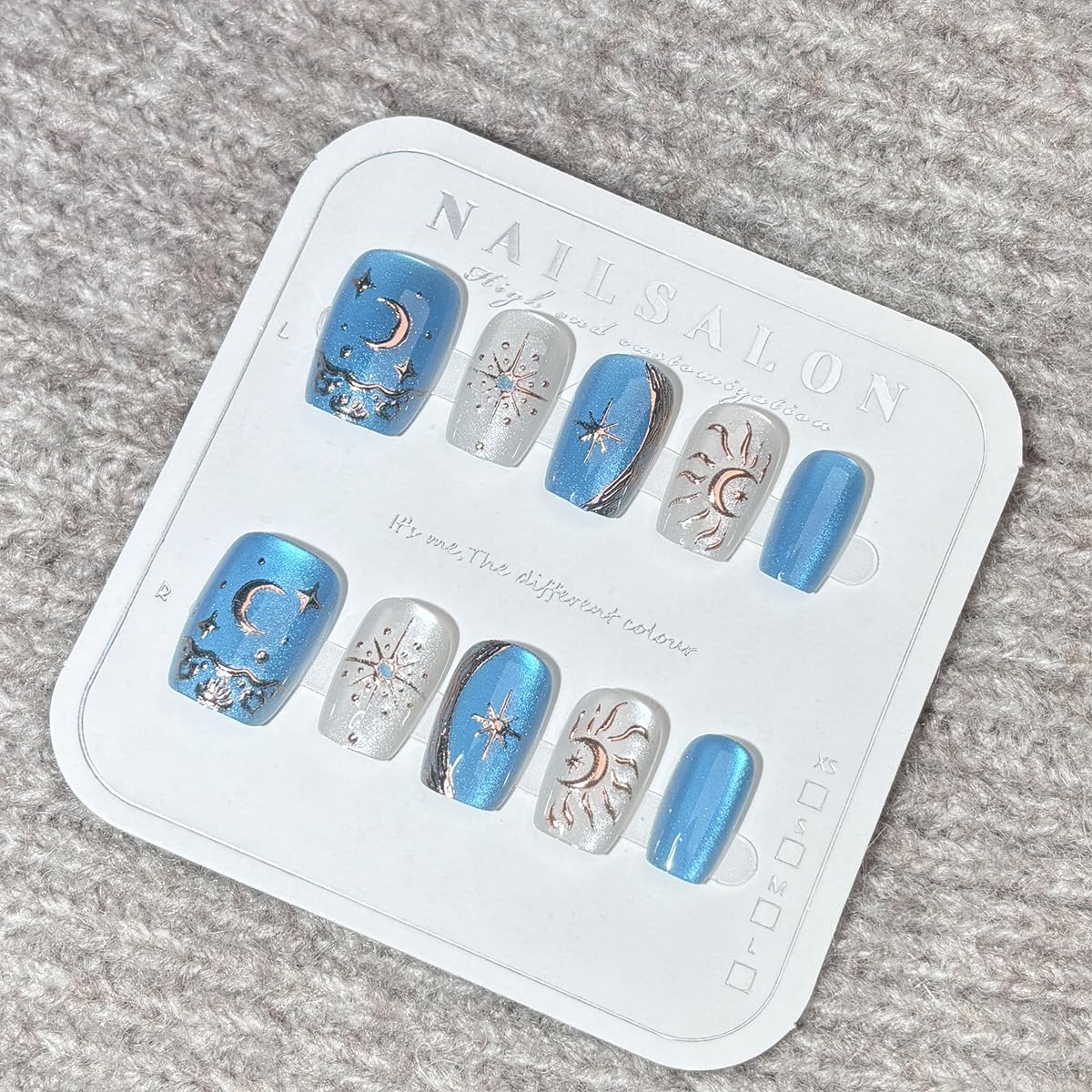 30Pcs Short Press on Nails Coffin Fake Nails Shiny Blue White False Nail 3D Star Moon Sun Design Glossy Glitter Glue on Nail Full Cover Acrylic Nails Press ons Artificial Fingernails for Women