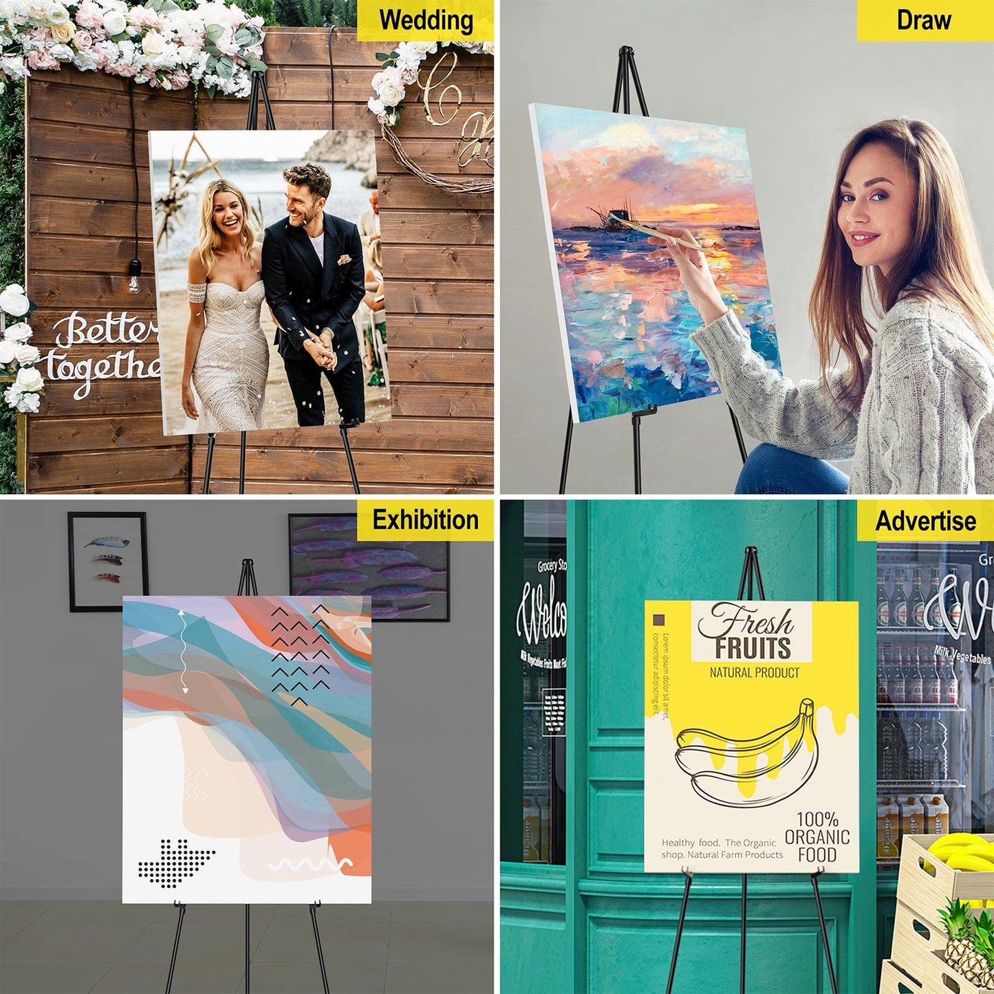 SunyesYoon Display Black Easel Stand for Wedding Sign, Artist Instant Tripod Collapsible Portable Floor Easel for Posters, 63" Adjustable Easy Folding Metal Stand for Display Show, Arts, Painting
