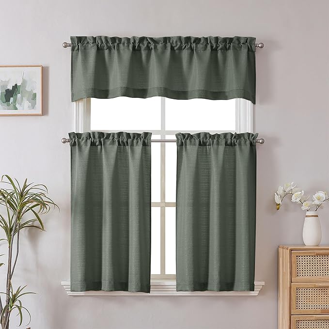 Chyhomenyc Bennet 2-Panel Olive Green Kitchen Curtains - 36 Inch Length, Faux Linen Textured Small Cafe Style, Light Filtering Short Window Curtains for Bathroom, Basement - 30x36 Inch