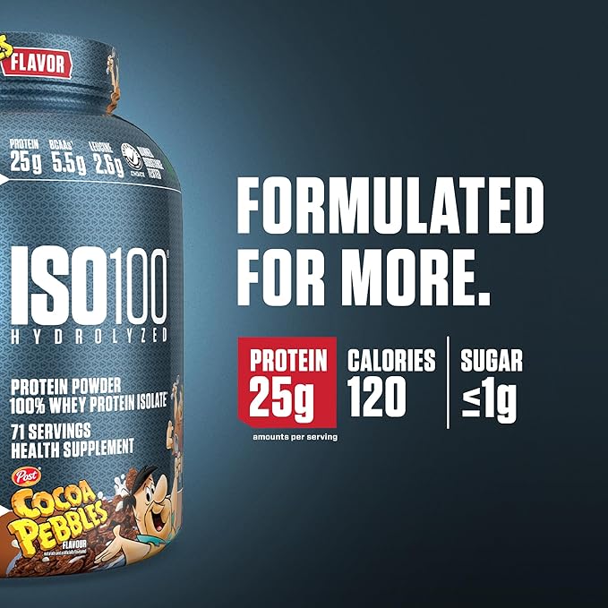 Dymatize x Cocoa Pebbles ISO100 Whey Protein Powder Isolate, 25g of Protein, 71 Servings, 5.5g BCAAs, 120 Cal., Gluten Free, 1g Fat, 1g Sugar, 2g Carb
