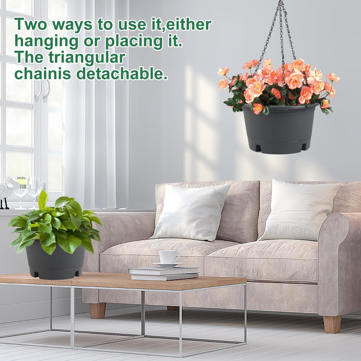 Svxtoby 10 inch Hanging Planters, 4 Pack Hanging Baskets for Plants with Removable Trays & 15.7" Chain, Round Plastic Hanging Flower Pots for Home Garden Porch Balcony Patio Decor (Grey)