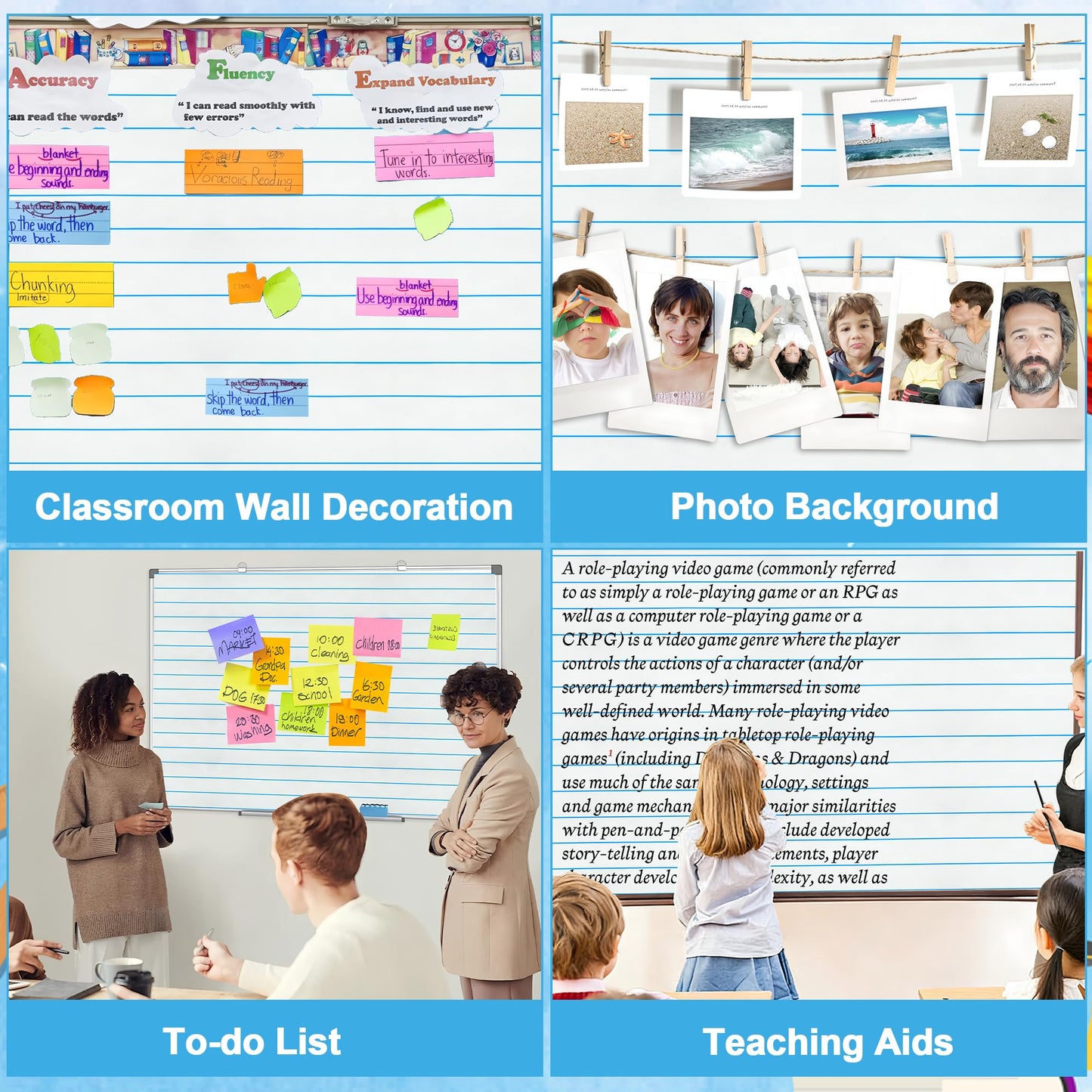 Lined Bulletin Board Roll 15.7in x 36ft Reusable Waterproof Non-Woven Fabric Background Fade Resistant Erasable Blue Lined Classroom Bulletin Board Decor for School Office Arts Crafts Home Wall Decor