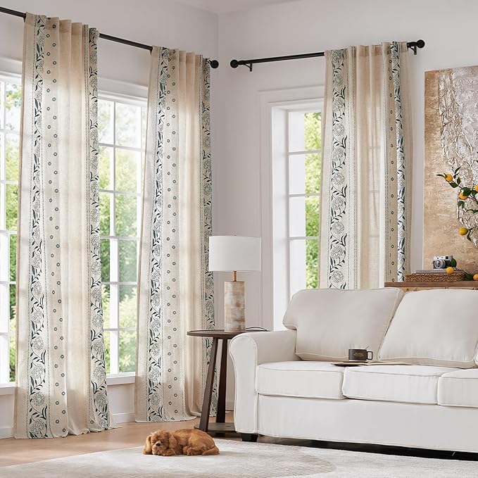 jinchan Winslow Linen Curtains for Bedroom 90 Inches Length Embroidered Bordered Floral Curtains for Living Room Farmhouse Decor Light Filtering Window Treatments Blue on Beige Drapes 2 Panels