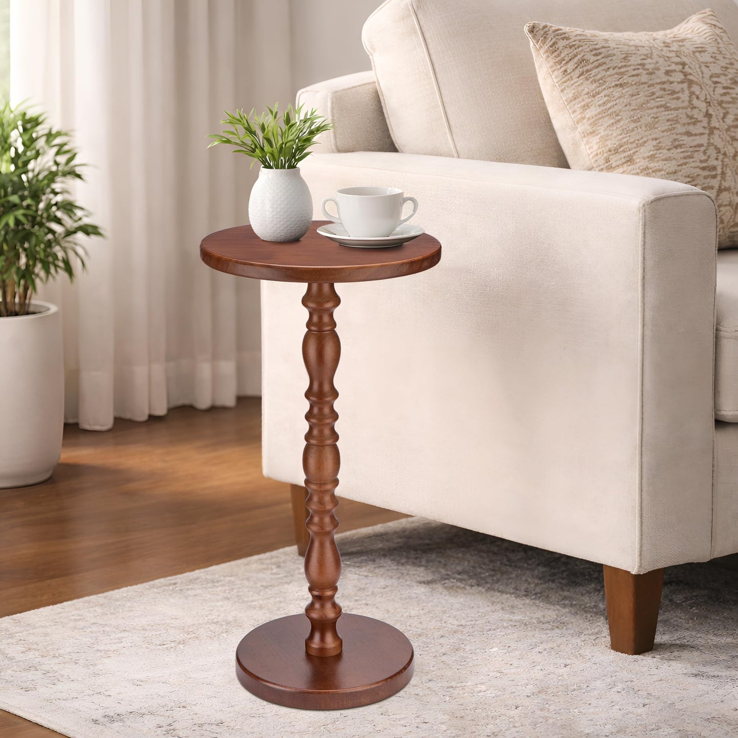 Junistra Solid Wood Round Side Table, Rustic Pedestal Drink Table for Small Spaces, Accent Nightstand Table for Living Room, Bedroom, Corners, and Office, Brown