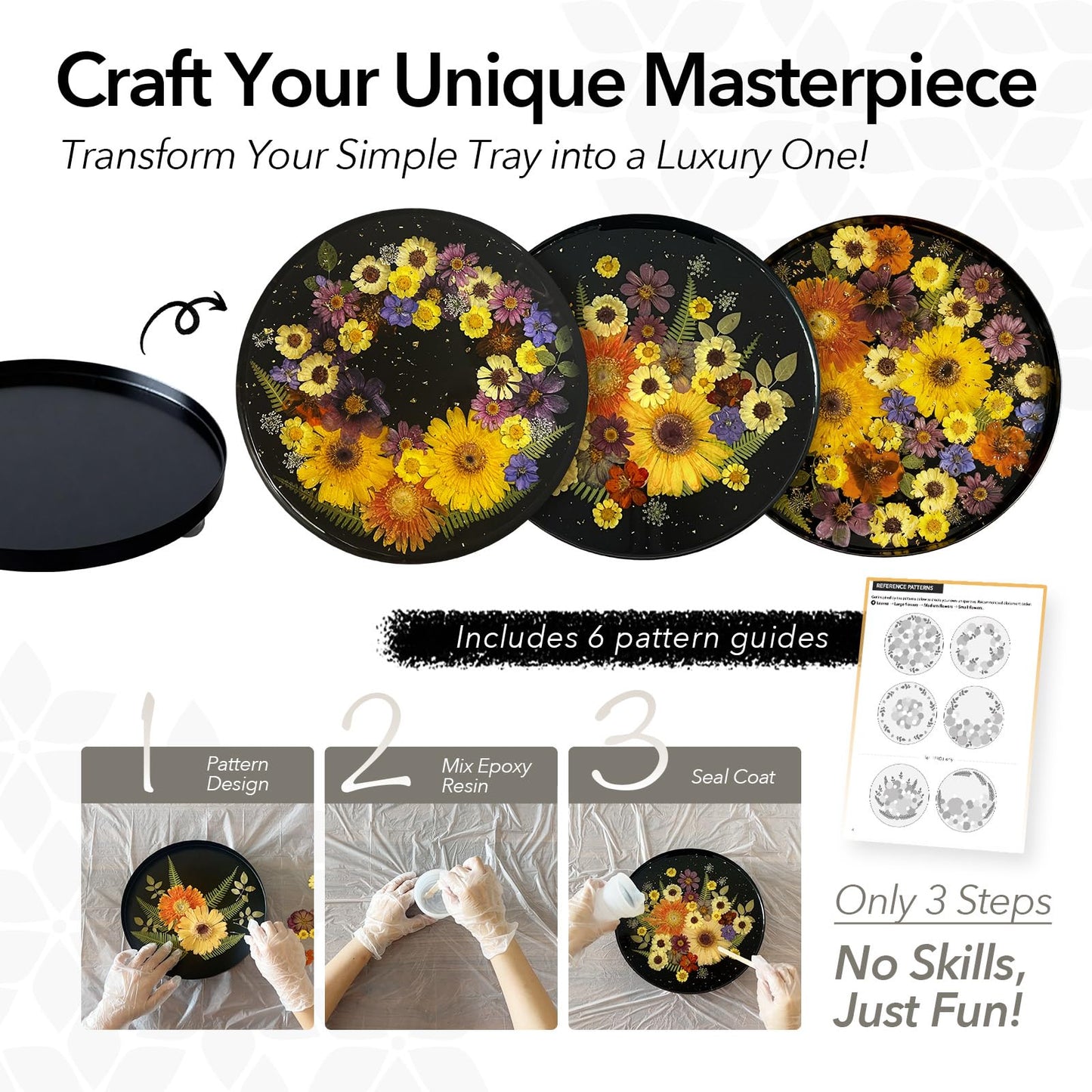 Auraeve All-in-One Craft Resin Tray Kit for Adult - Create a Real Flower Tray, Gift for Crafter Women, Beginner Friendly, Use as Vanity, Perfume, Trinket Organizer, Table Décor, 11.8" (Black-Pro)