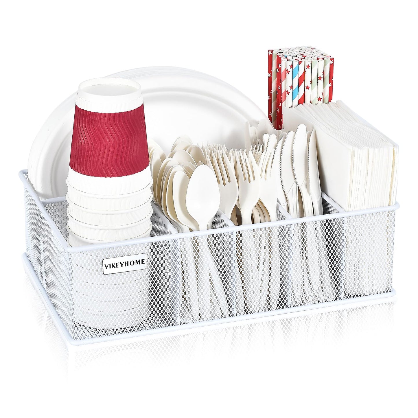 VIKEYHOME Paper Plate Organizer, Metal Silverware Caddy with 6 Compartments for Knives, Spoons, Cups, Forks, Napkins, Utensil Holder for Party, Camping, Picnic, White