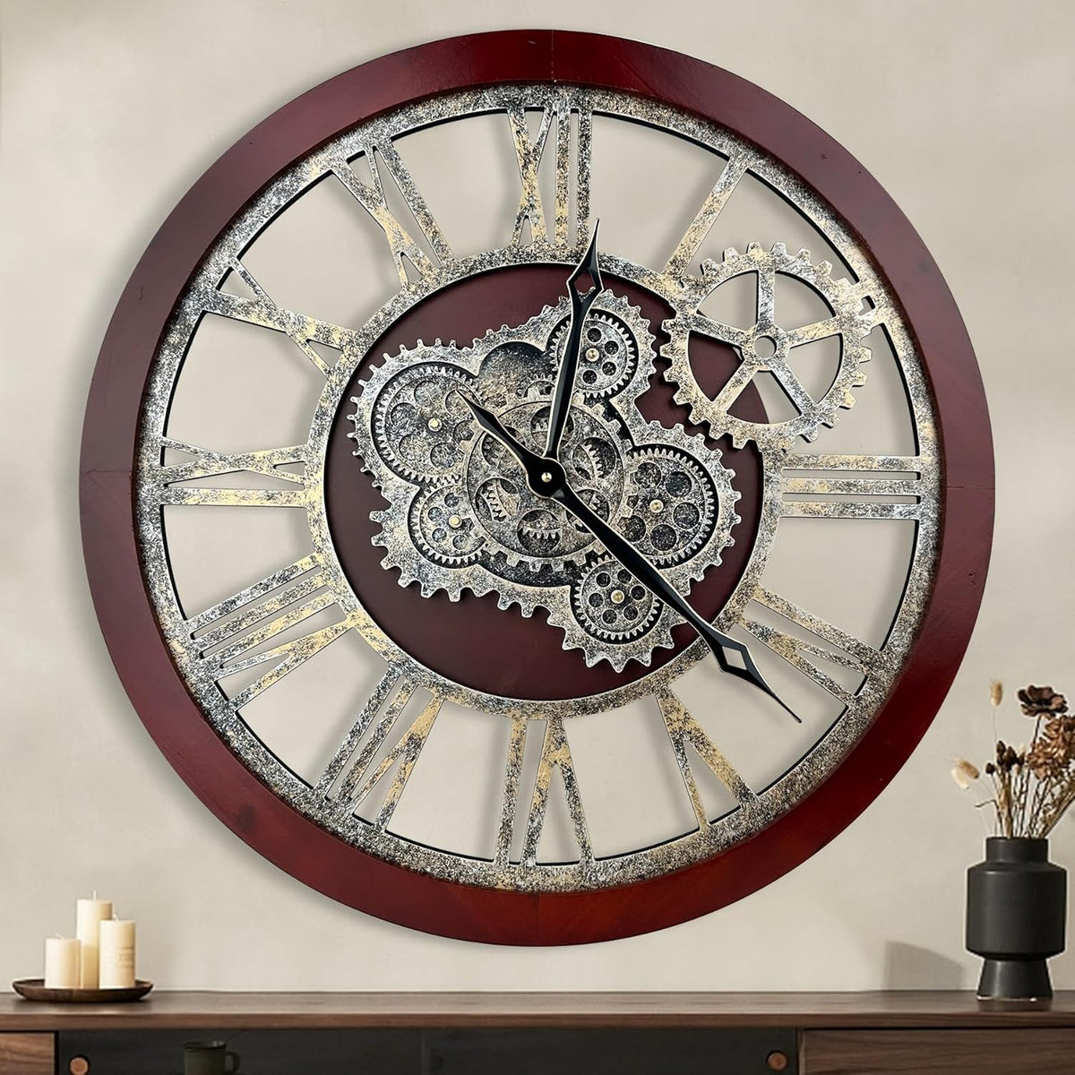 HOIBAI Large Wall Clock, 18 Inch Wall Clocks for Living Room Decor Farmhouse Vintage Rustic Kitchen Wall Decor Vintage Roman Big Oversized Wall Clock for Home Bedroom House Office, Moving Gears Clock