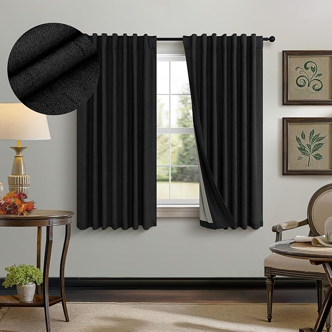 Black Out Curtains 45 Inch Long 2 Panels Burg for Bedroom Small Windows Pocket Modern Farmhouse Linen Look Room Darkening Insulated Half Short Blackout Curtain for Bathroom Kitchen Doors 45L Length