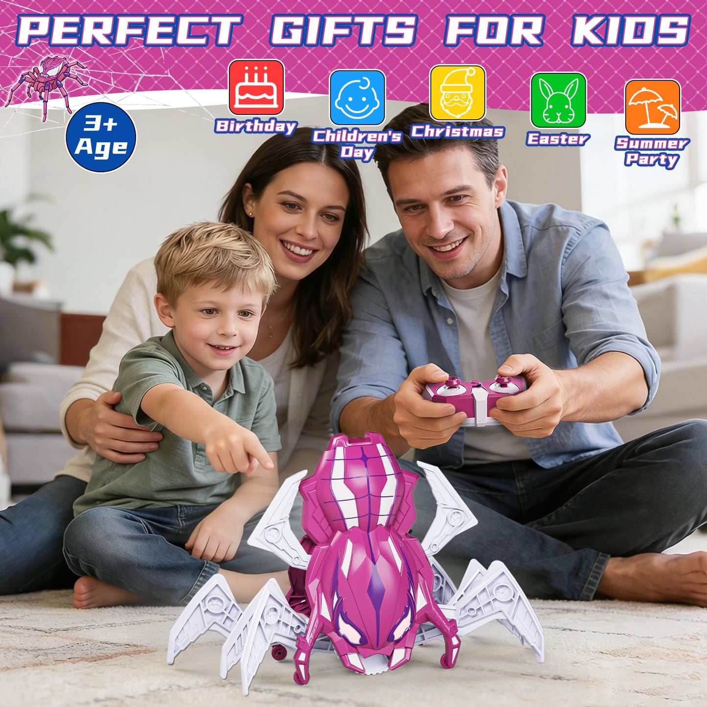 Agard Remote Control Spider Robot Toy - 2.4 GHZ RC Spider Toys, Realistic Remote Control Animal - Kids Easter Gifts Toys for 3 4 5 6 7 8 9 Year Old(Pink White)