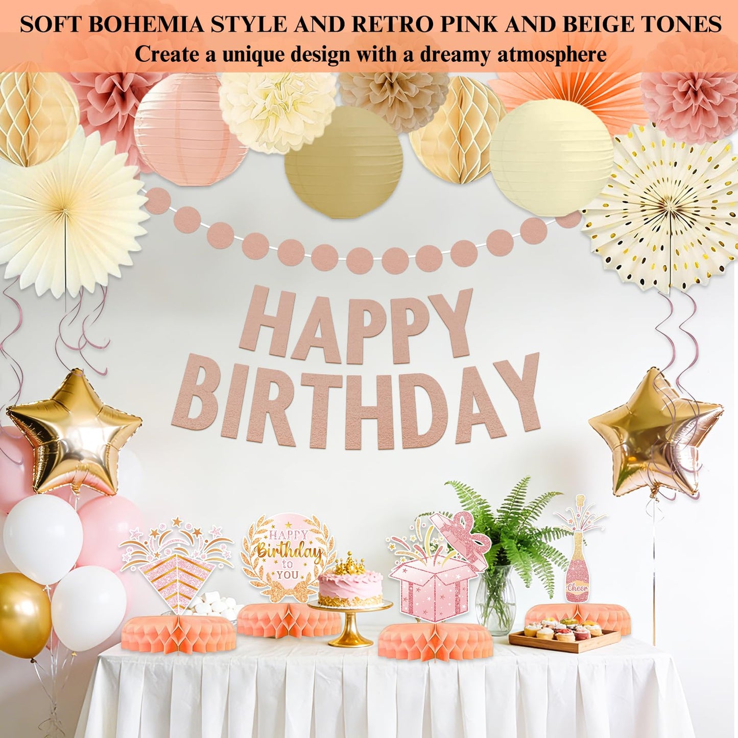 Birthday Party Decorations, Champagne Gold Beige Fall Boho Girl Birthday Decor, Rustic Backdrop Decor Autumn Neutral Retro Happy Banner with Paper Streamers Lanterns, Tissue Pom Poms Fan