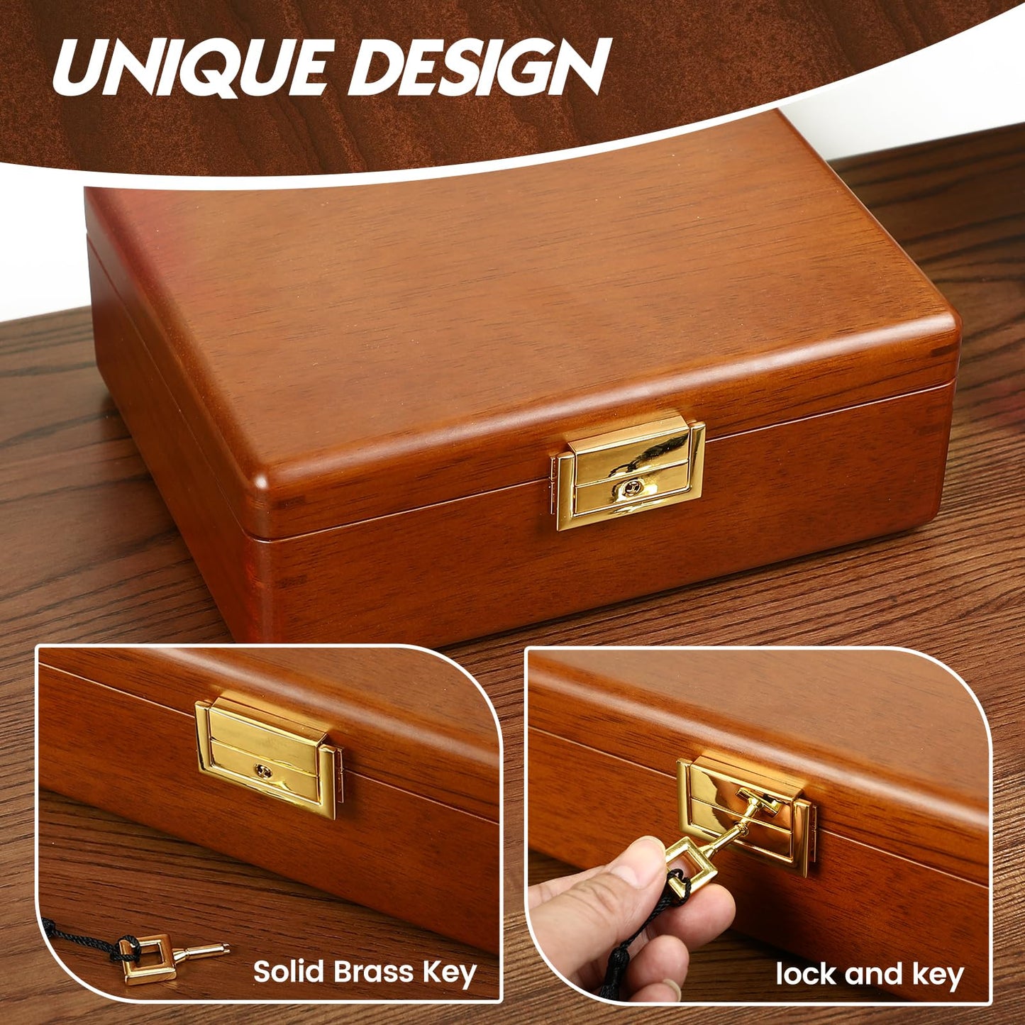 LIBOLXSP Solid Walnut Wood Jewelry Box with Lock,2 Layer Velvet Lined for Earrings Rings Necklaces Bracelets Watches,Both Style and Security, for Men Women,Vintage Brown