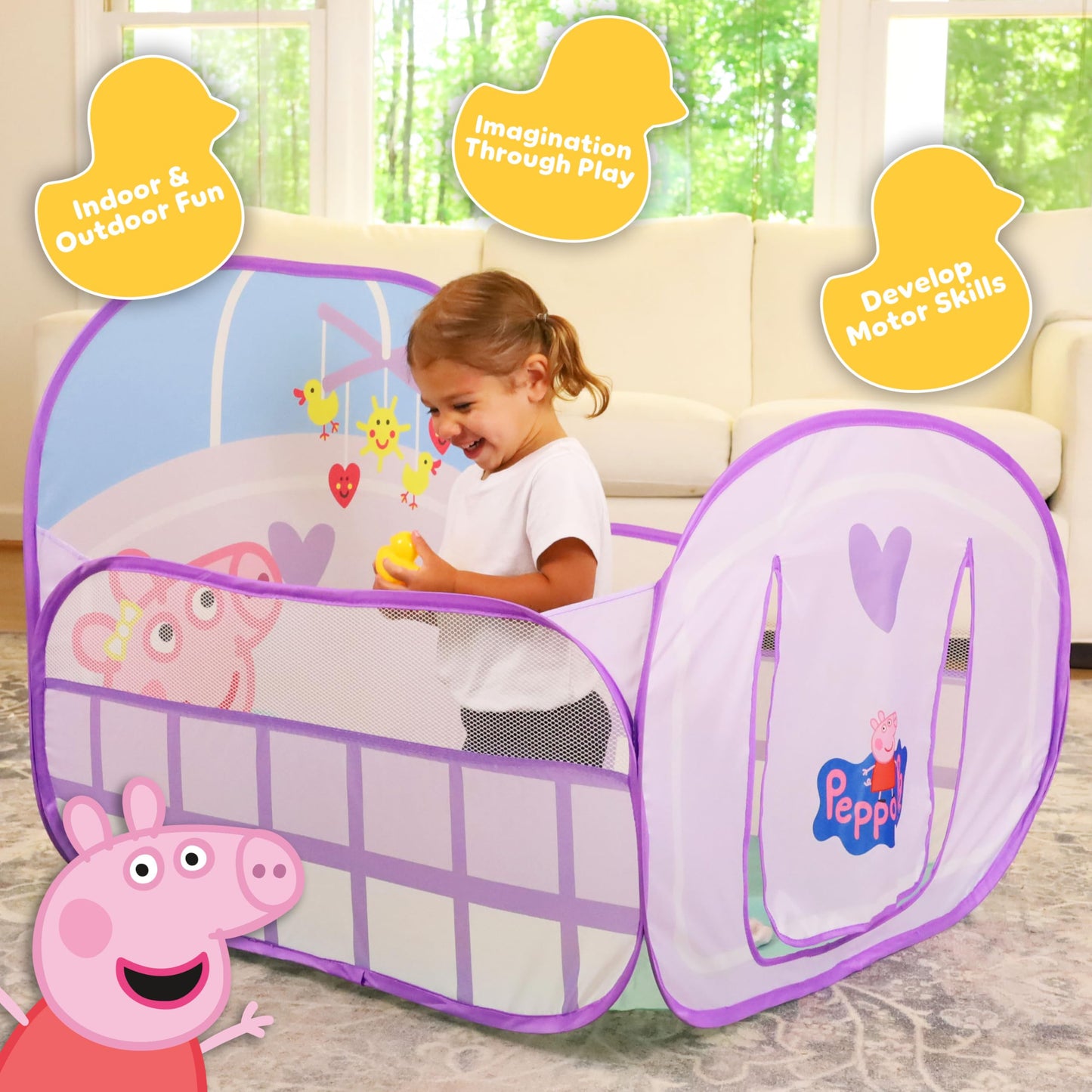 Peppa Pig Ball Pit Crib, Large Pop Up Tent with Crawl Through Opening, Includes 20 Duck Shaped Play Balls, Toddlers 2+