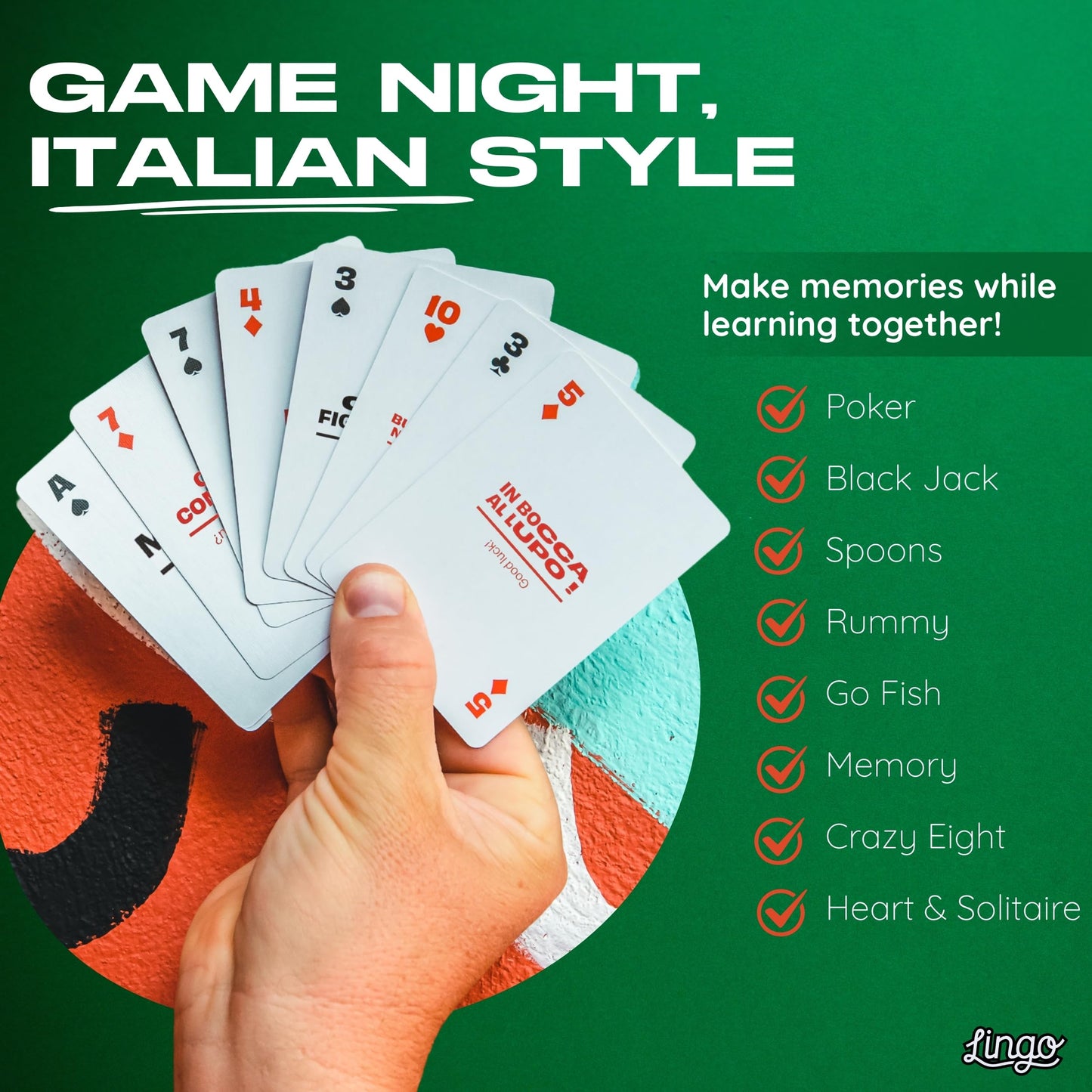 Italian Lingo Playing Cards in Wayfarer Tin Box | Travel Flashcards | Learn Italian Vocabulary in A Fun & Easy Way | 52 Essential Translations