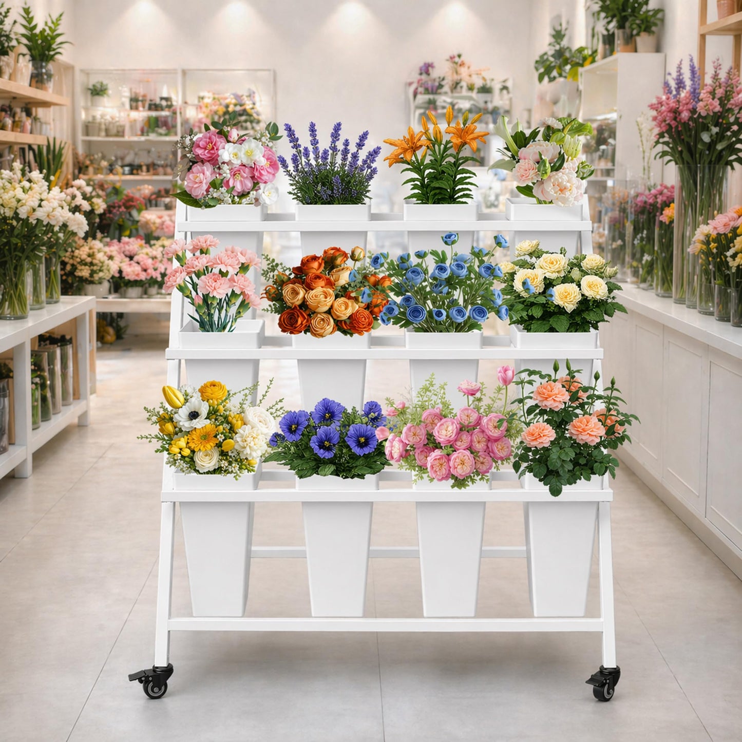PROLEE Flower Stand with 12 Buckets, Flower Display Stand with Wheels, Flower Cart, Moving Florist Bouquet Shelf, Triangular (White)