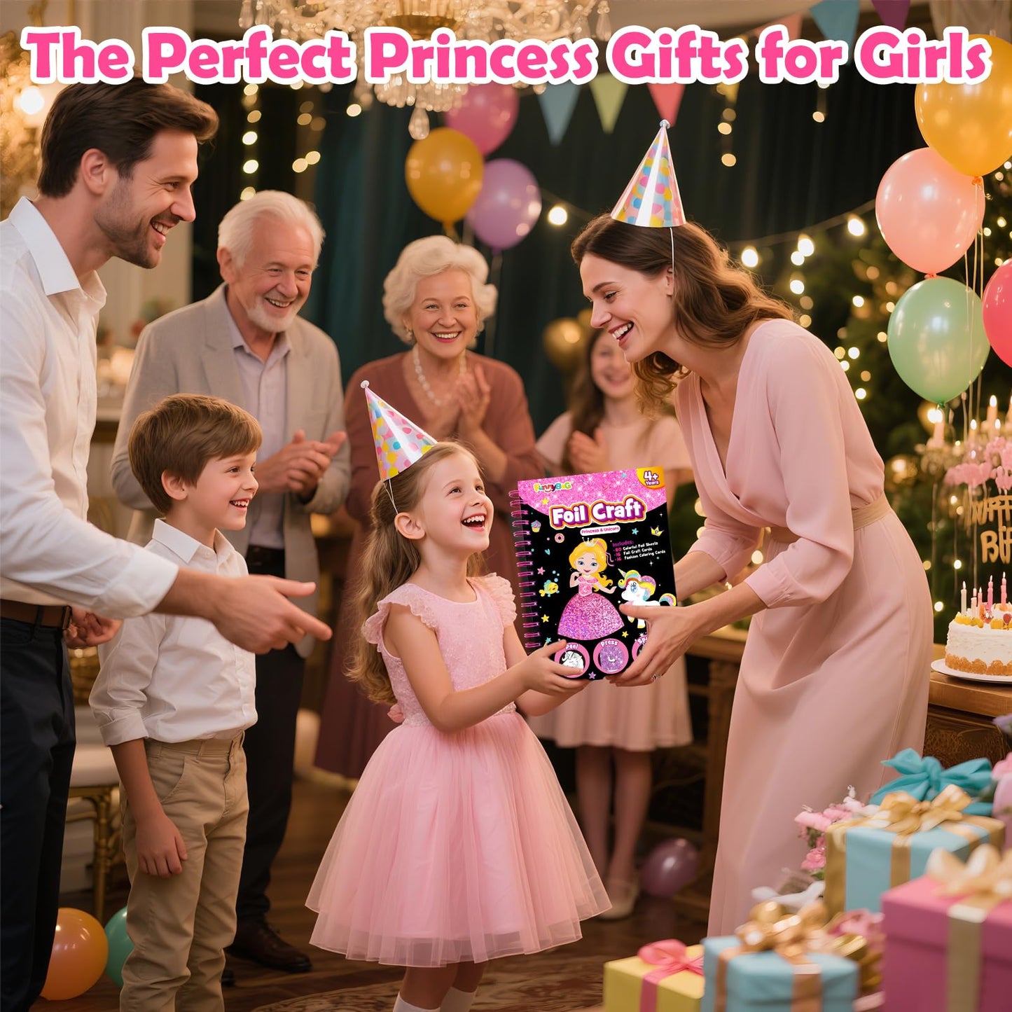 FUNNYB&G Foil Art Craft Kit for Girls 4-10 Years Old: Mess-Free & No-Glue, Create 16 Sparkly Princess Unicorn Pictures – Perfect Travel Toy & Birthday Gift for Kids (Princess)