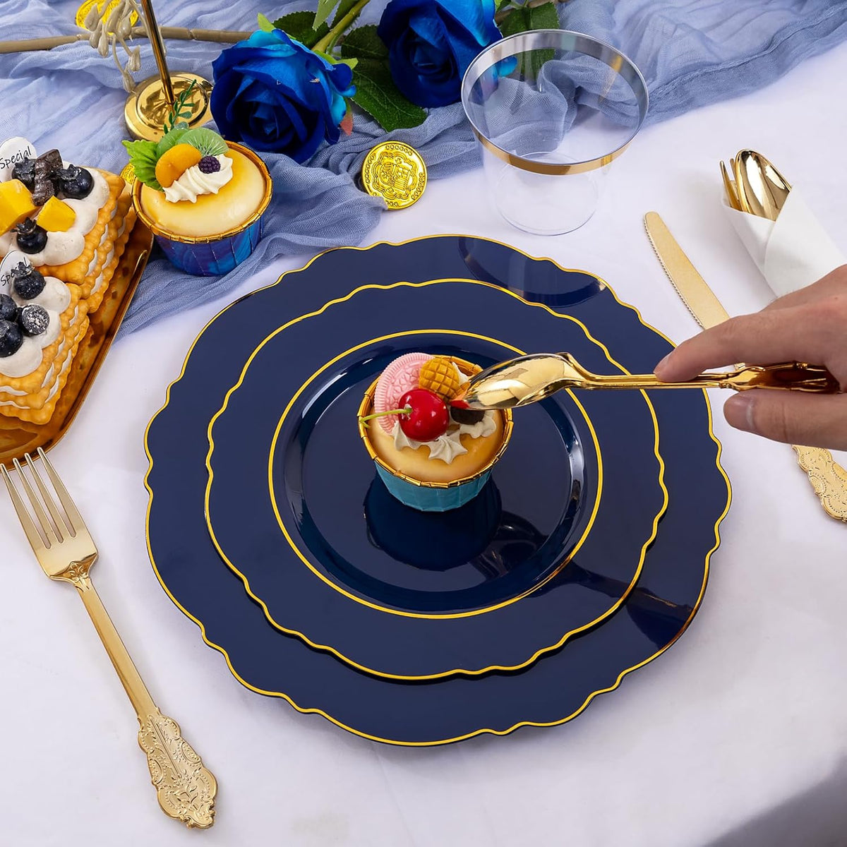 Liacere 350PCS Navy Blue Plastic Plates-Disposable Blue Gold Plates 50guest Plastic Dinnerware include 100Plates,50Pack Pre Rolled Napkins with Silverware 50Cups for Wedding＆Halloween