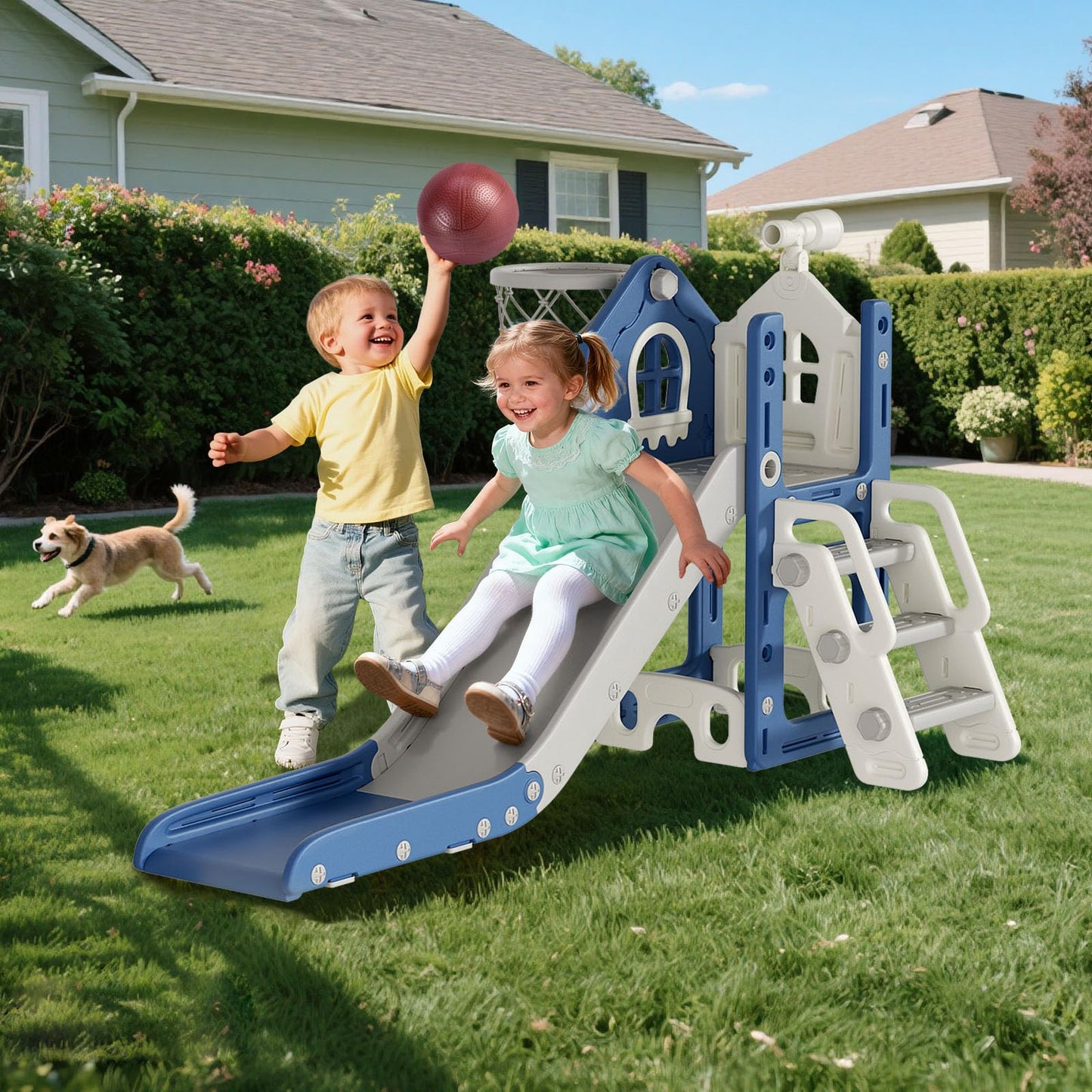 BIERUM 6 in 1 Toddler Slide - L-Shaped Baby Slide for Toddlers Aged 1-3 with Basketball Hoop, Telescope Toy and Anti-Slip Pads, Indoor Outdoor Toddler Playset, Blue Gray