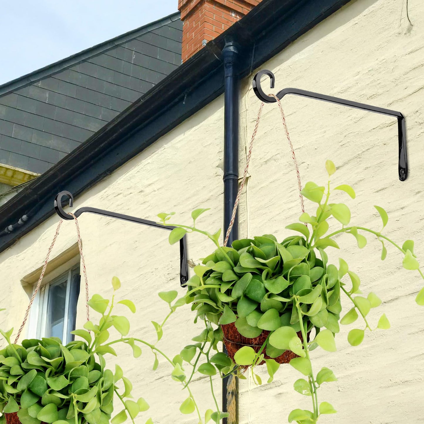 MOWPOG Metal Hanging Plant Hooks, 2 Pack 10 Inch Wall Hooks for Hanging Plants, Bird Feeder, Flower Basket, Wind Chimes, Indoor Outdoor (Black)