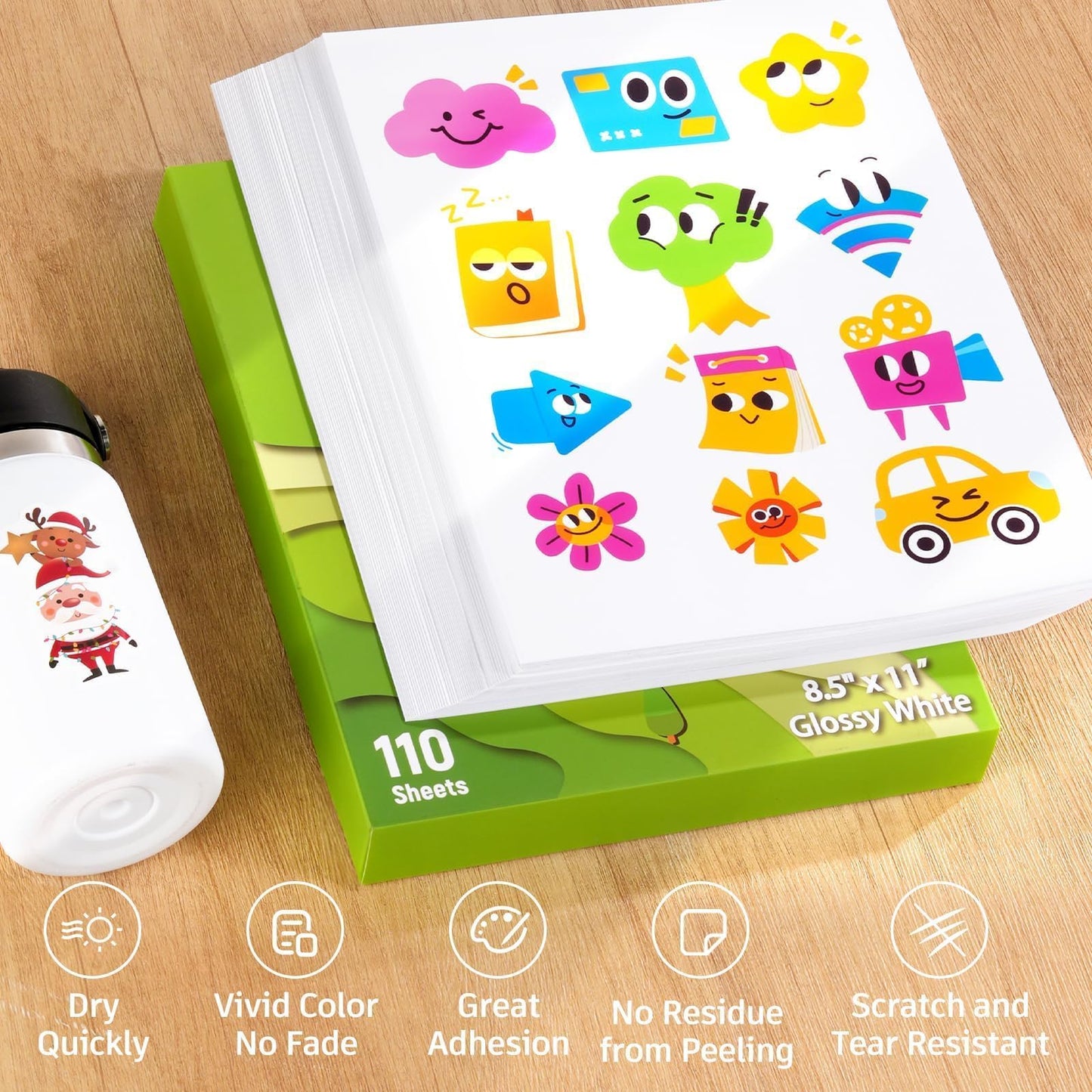 Weliu Glossy Sticker Paper for Inkjet & Laser Printer – 110 Sheets Bulk Pack, Waterproof Self-Adhesive Printable Vinyl Compatible with Cricut, Ideal for Business Labels & DIY Crafts (8.5"x11")