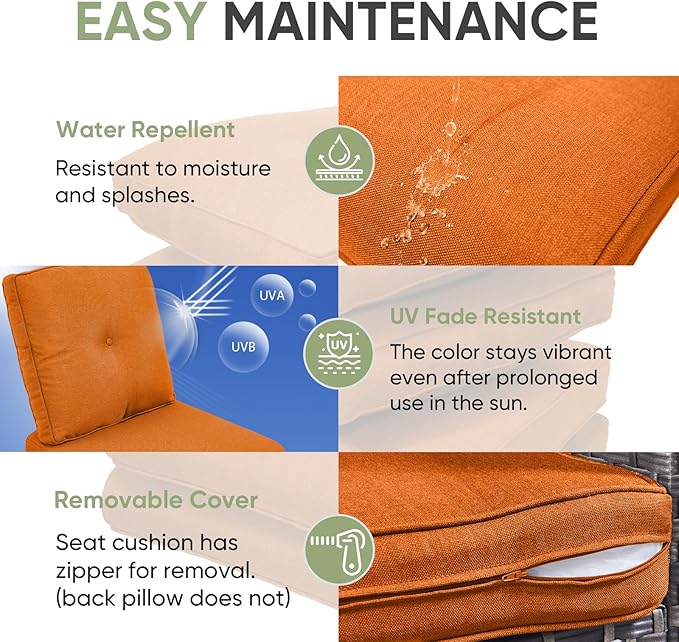 Outdoor Chair Cushion Set, 25 x 22 Deep Seat Cushion, Patio Chair Cushions for Outdoor, Include 1 Seat Cushion and 1 Back Cushion, Orange