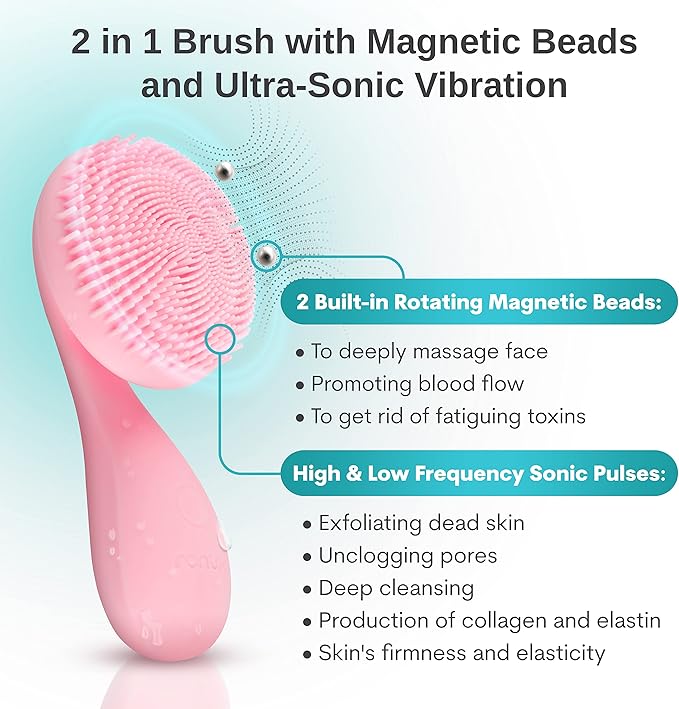 Silicon Facial Cleansing Brush - Electric, Rechargeable, Waterproof IPX7 - Rotating Magnetic Beads - 4 Function Modes - Face Massage for Deep Cleaning - Magnetic Charging Base - Ergonomic Handle