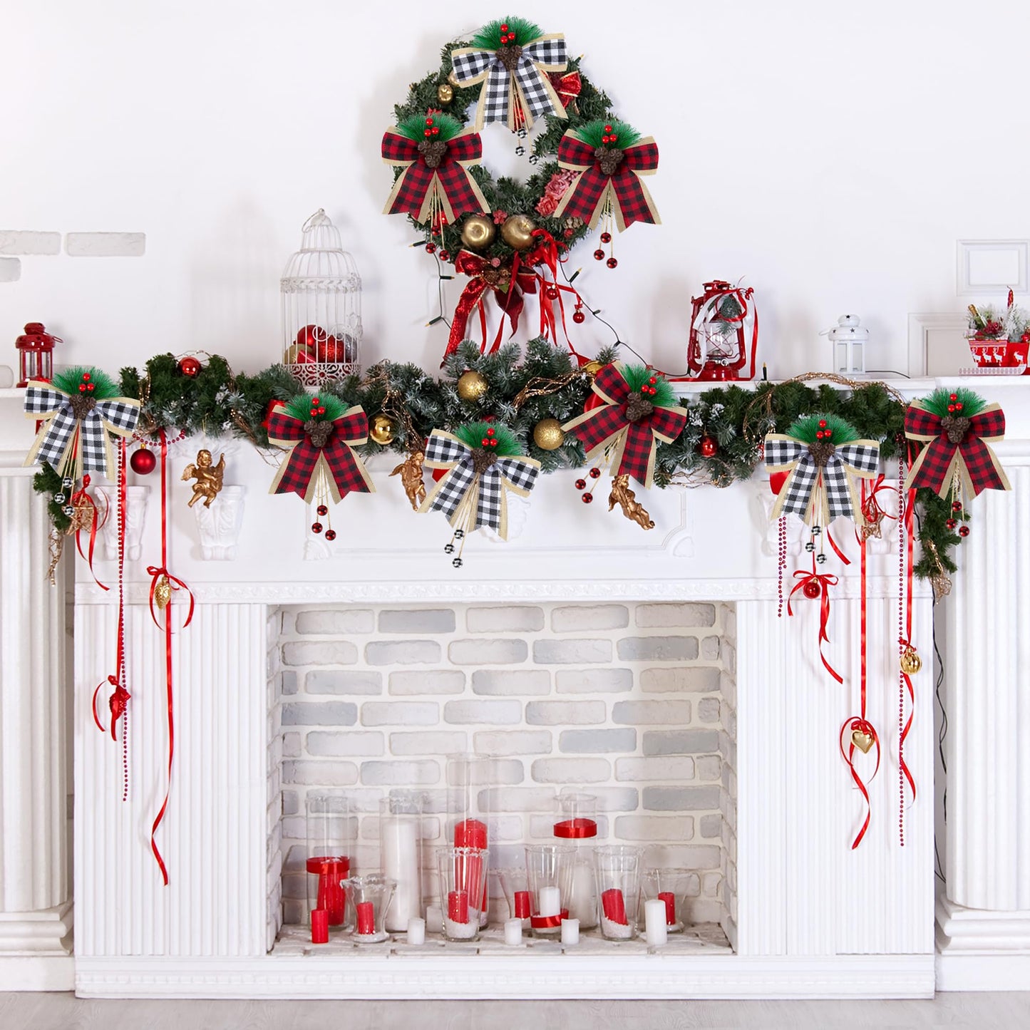 codree 4 Pcs Christmas Burlap Plaid Bows with Pine Cones Pine Needles, Large Christmas Decoration Buffalo Plaid Bows, Xmas Wreath Bow Buffalo Check Bow Ornament for Holiday Crafts Tree DIY Decor