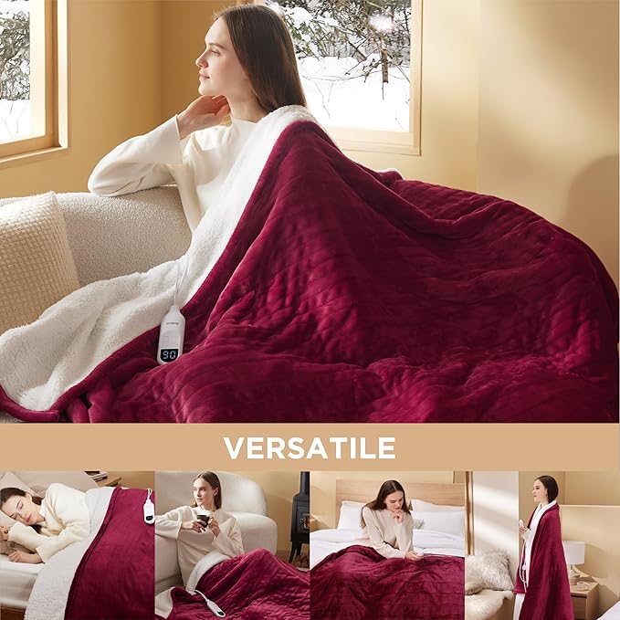 Bedsure Heated Blanket Electric Throw - Soft Flannel Electric Blanket, Heated Throw with 4 Time Settings & 6 Heat Settings, Warm Gift for Grandma (50x60 inches, Burgundy)