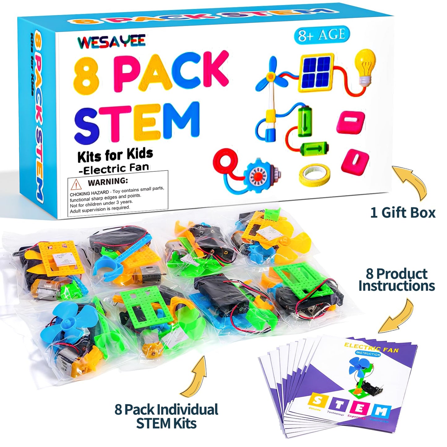 Bulk STEM Kits - 8 Set Electrical Fans, Girls Boys Crafts Science Kits for Kids Age 8-12, STEM Toys for Boys 8-10 8 10 12 13 Classroom, Engineering Activities Experiments Projects Circuit