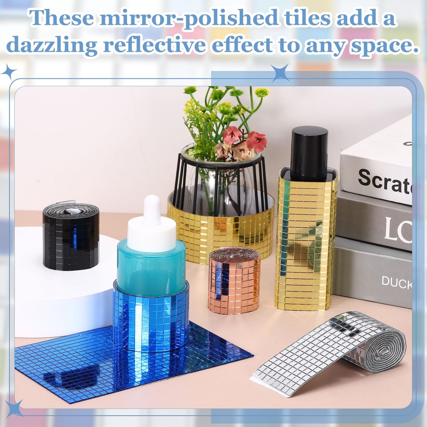 HARFINGTON 3000 Pcs Mirror Mosaic Tiles 5 x 5 mm Square Glass Self-Adhesive Disco Ball Mirror Tiles Sticker for DIY Craft Decoration Art Collage Card Making, Gold